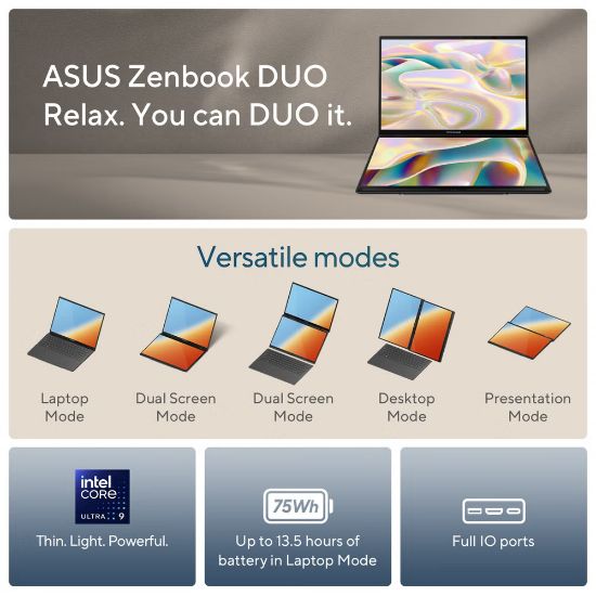Picture of ASUS Zenbook Duo OLED (2025) UX8406CA-PZ133W Intel® Core™ Ultra 9 Processor 285H, Intel® AI Boost NPU LPDDR5X,  32GB 2TB M.2 NVMe™ PCIe® 4.0 14.0-inch 3K (2880 x 1800) OLED 16:10 aspect ratio Touch screen  SSD Intel® Arc™ Graphics UK,  90NB14X1-M00780 - Basalt Gray, Win 11 Home.