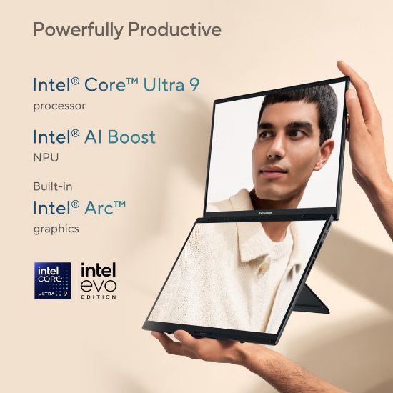 Picture of ASUS Zenbook Duo OLED (2025) UX8406CA-PZ133W Intel® Core™ Ultra 9 Processor 285H, Intel® AI Boost NPU LPDDR5X,  32GB 2TB M.2 NVMe™ PCIe® 4.0 14.0-inch 3K (2880 x 1800) OLED 16:10 aspect ratio Touch screen  SSD Intel® Arc™ Graphics UK,  90NB14X1-M00780 - Basalt Gray, Win 11 Home.